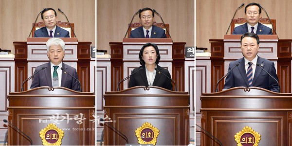 5분 자유발언을 하고 있는 (좌로부터) 김학실, 신수정, 김익주 의원